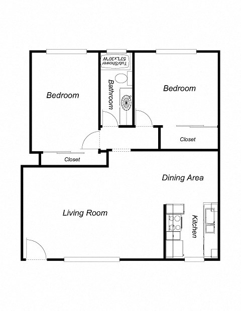 2 Bedroom floor plan for The Waverly at Campbell