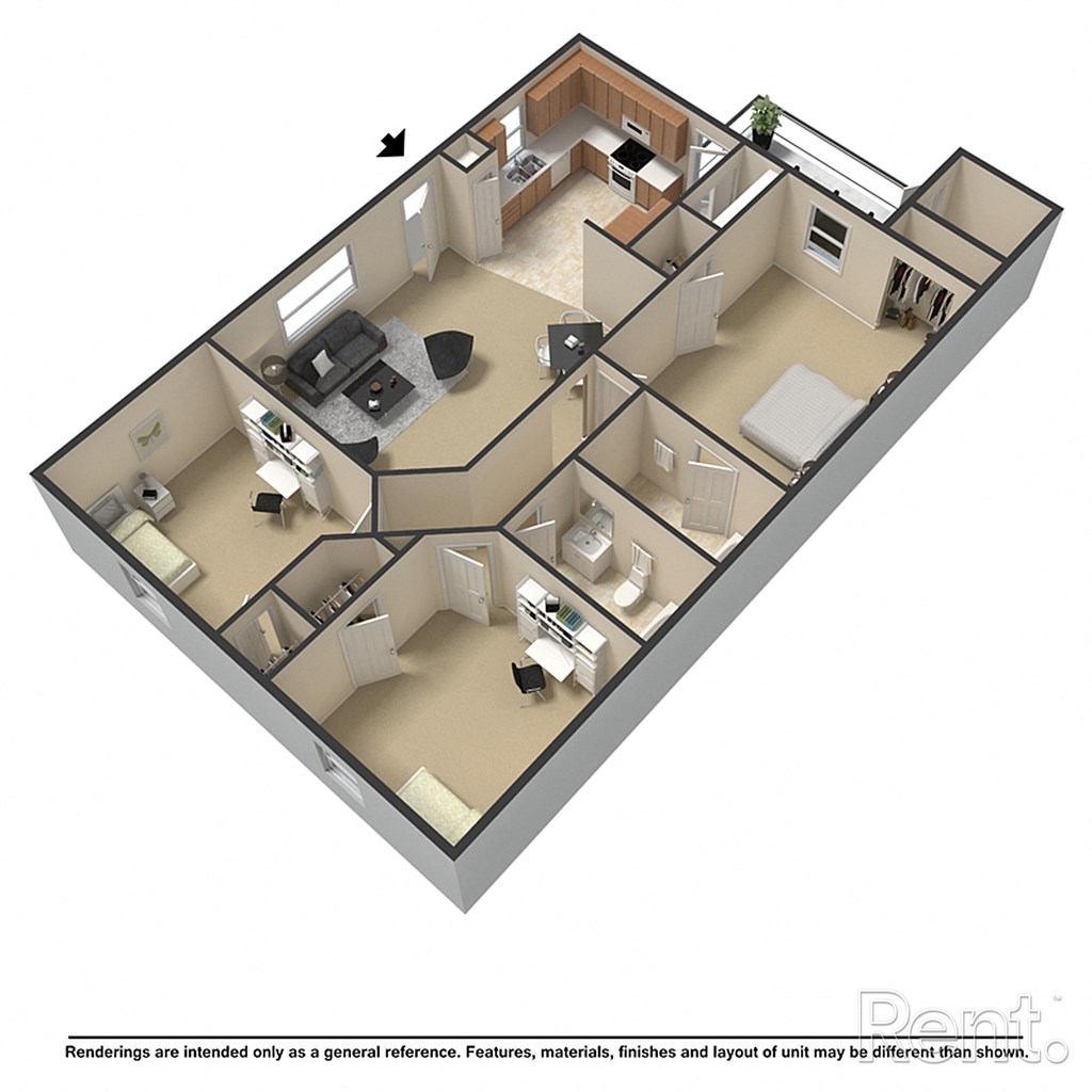 A 3D floor plan of a house with a kitchen, living room, and bedrooms.
