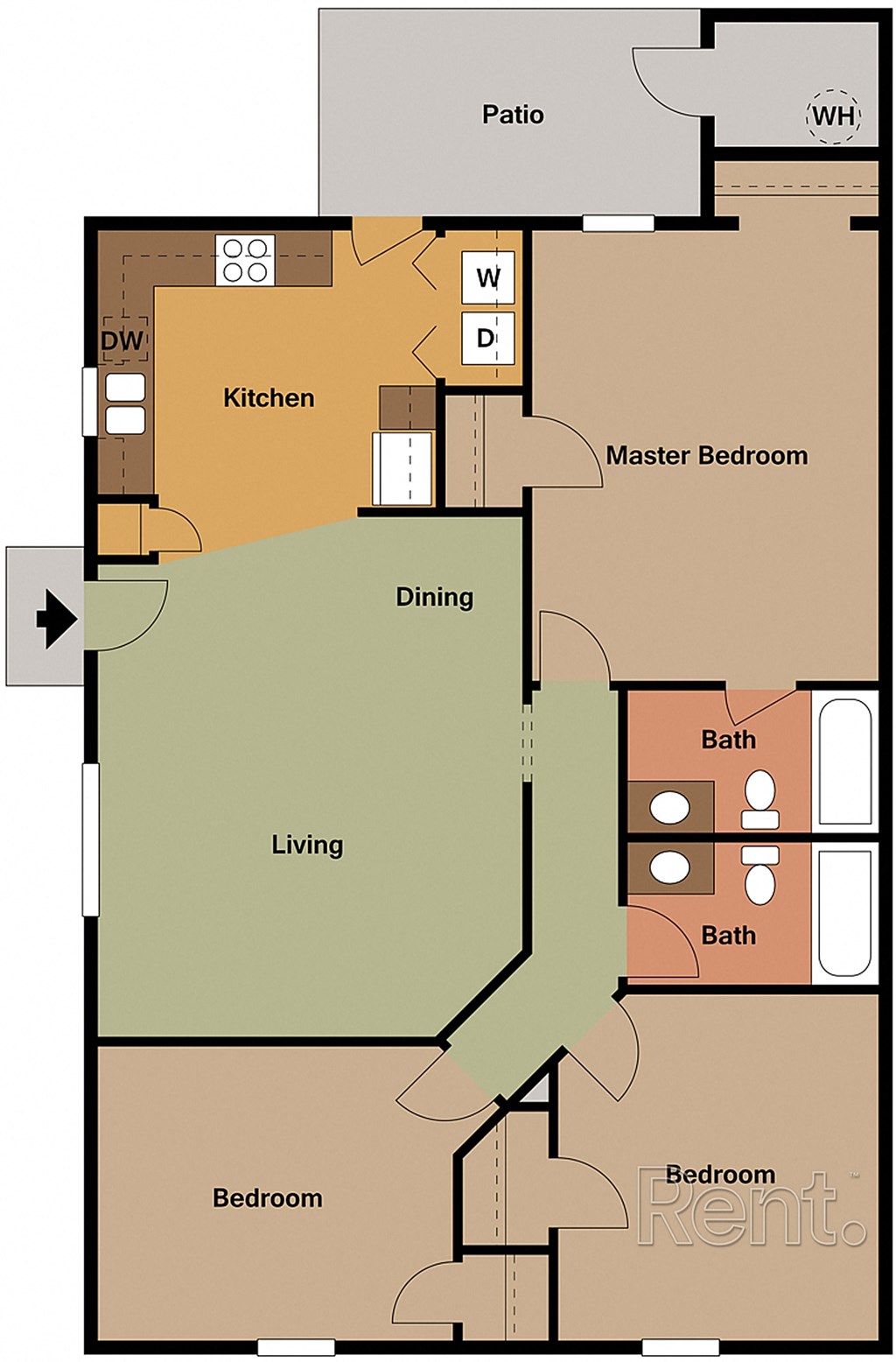 A floor plan of an apartment with a kitchen, dining room, living room, two bedrooms, and a bathroom.