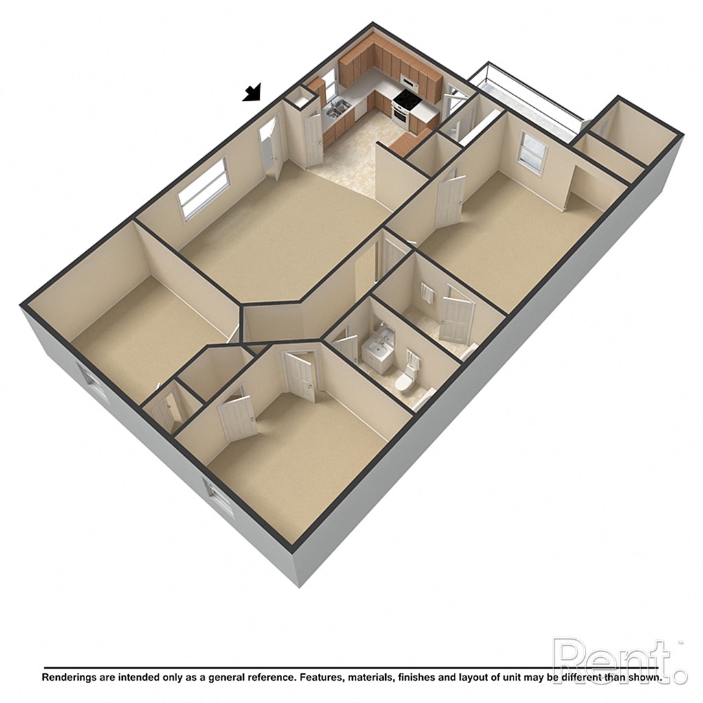 A 3D rendered image of a house layout.