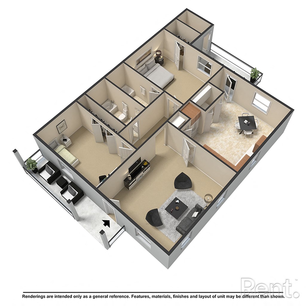 A 3D rendered image of a house layout.