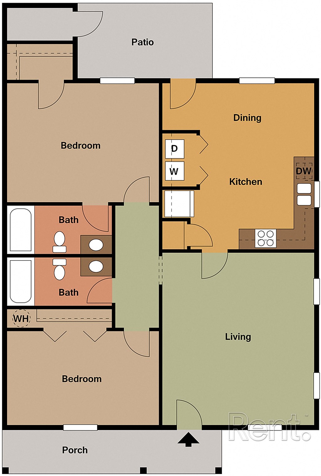 A floor plan of a house with a patio, two bedrooms, a bathroom, a living room, a kitchen, and a porch.