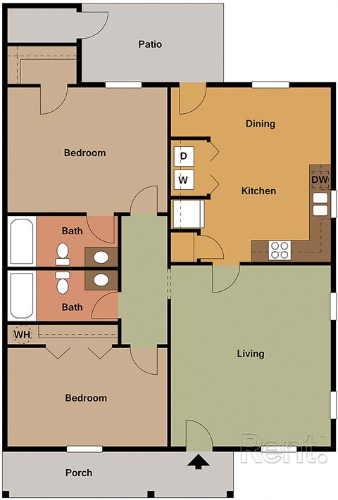 A floor plan of a house with a patio, two bedrooms, a bathroom, a living room, a kitchen, and a porch.