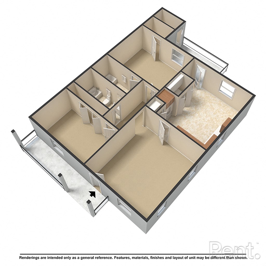 A 3D rendering of a multi-room apartment layout.