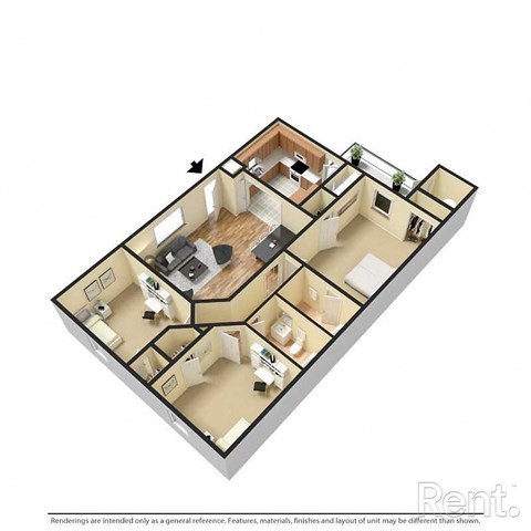 A 3D floor plan of an apartment with a kitchen, living room, and bedrooms.