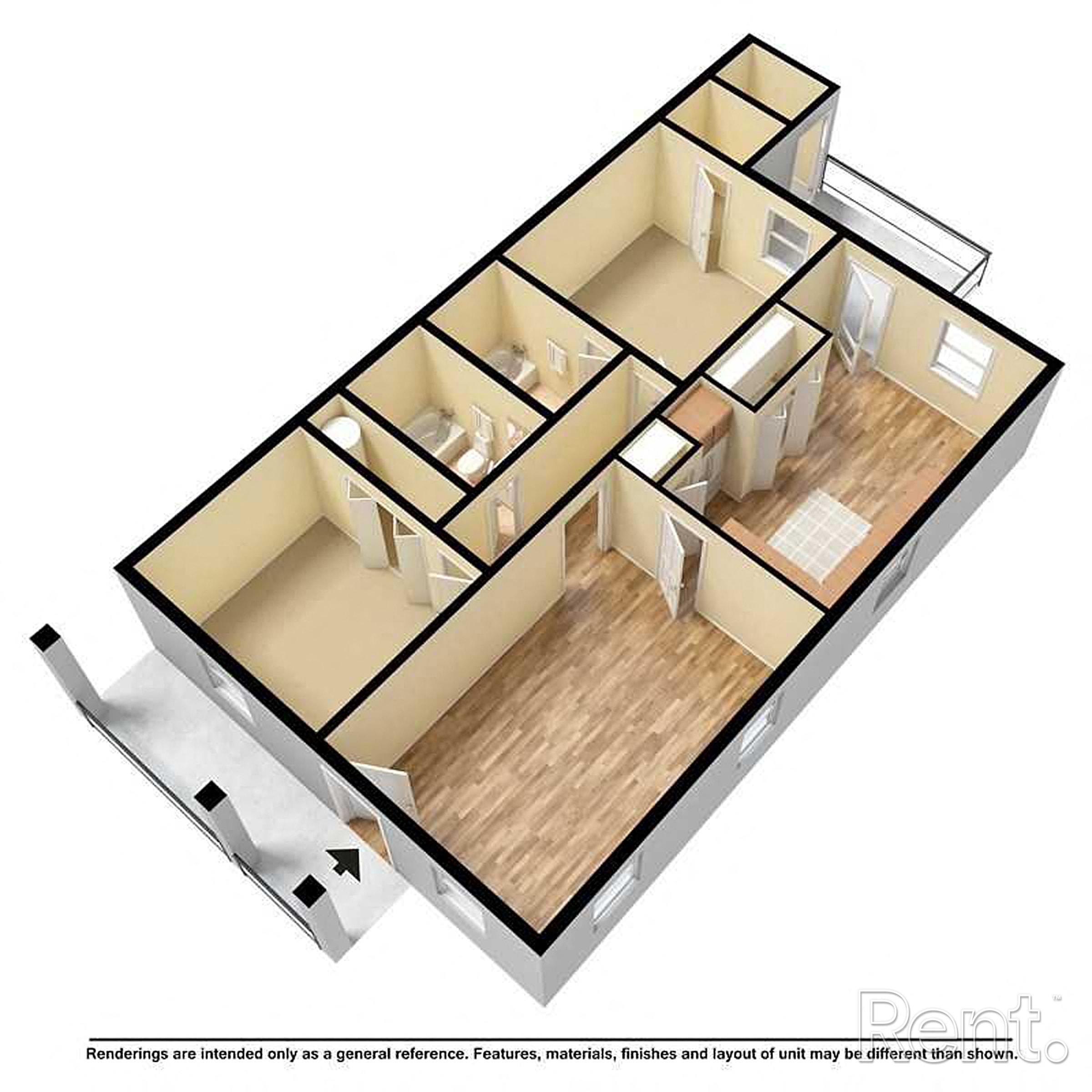 A 3D rendered image of a house layout.