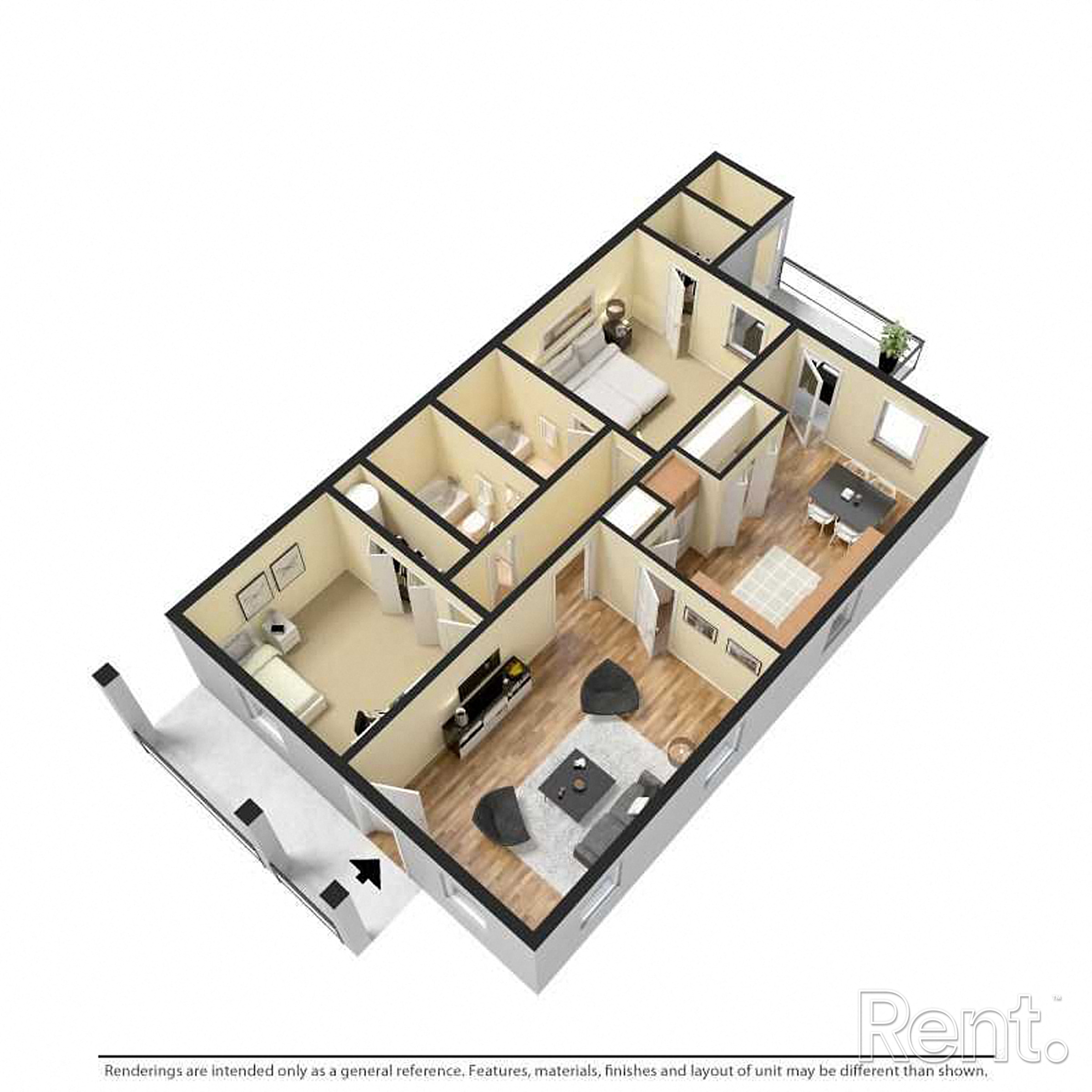 A 3D rendered image of a floor plan of an apartment.