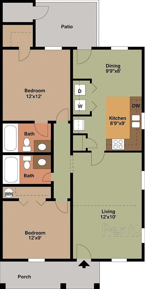 A floor plan of a house with a patio, two bathrooms, a kitchen, two bedrooms, a dining area, and a living room.