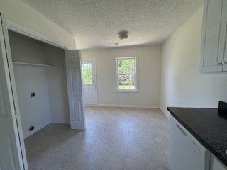 A kitchen with a black counter top and white cabinets.
