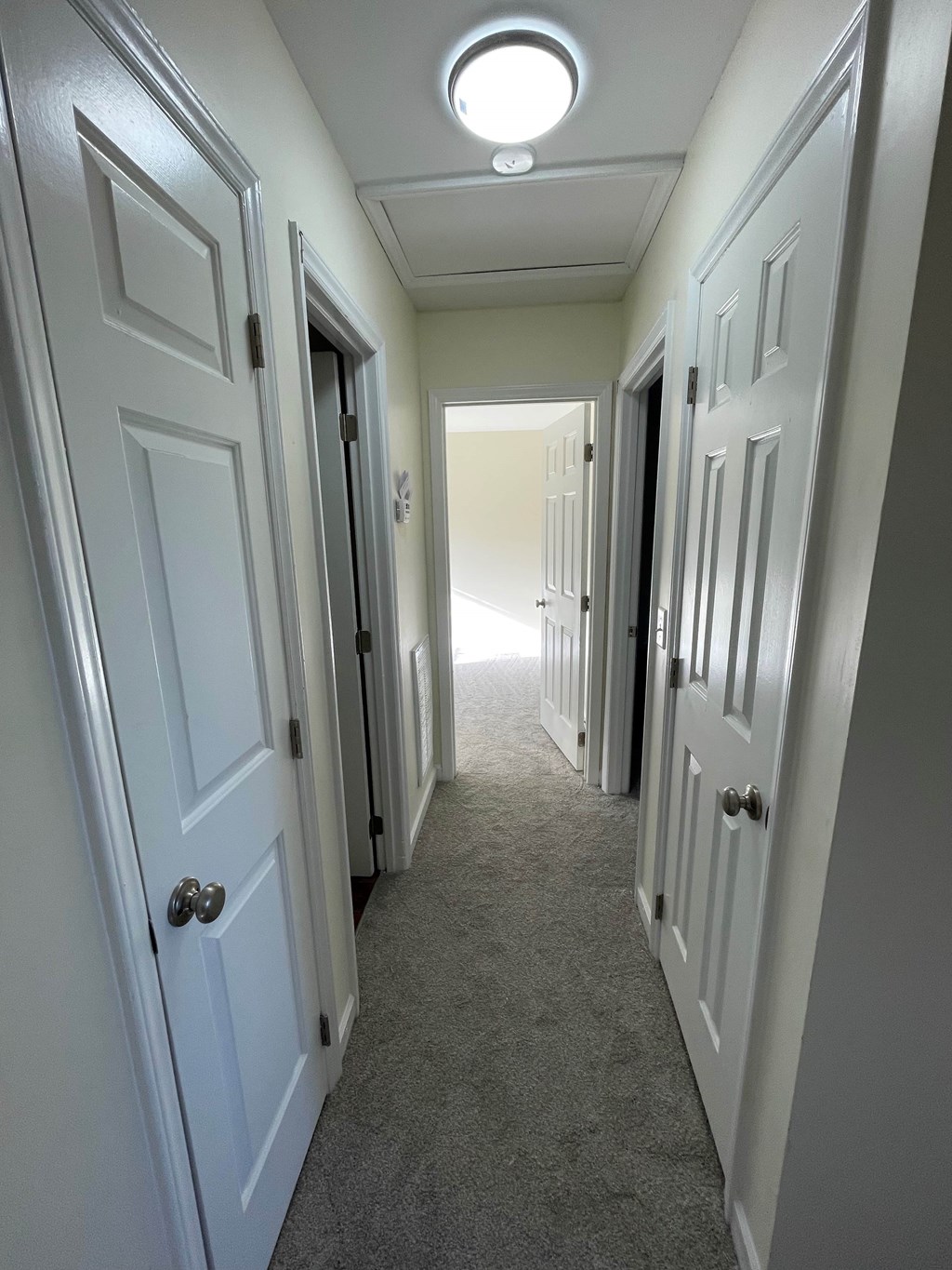 A hallway with white doors and carpeted floor.