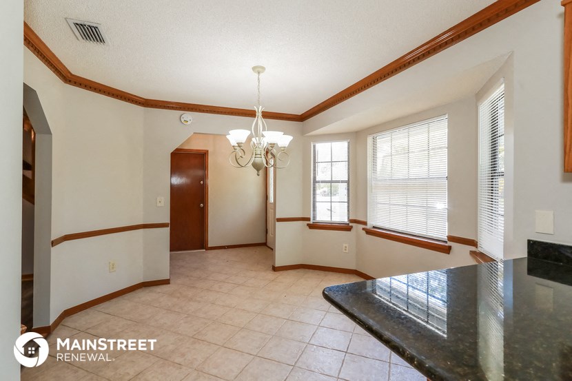 a dining room with a large window and a table
