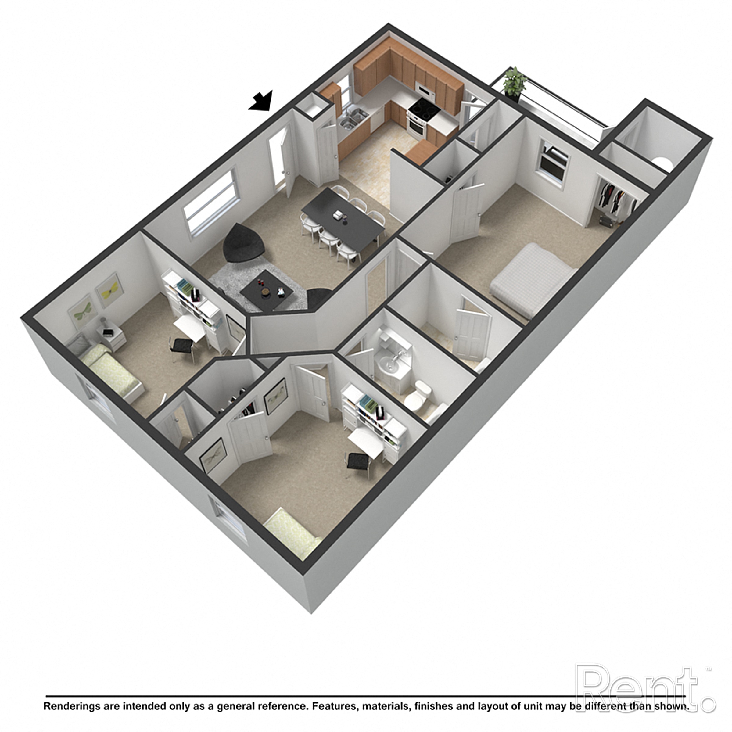 A 3D floor plan of a house with a kitchen, living room, dining room, and bedrooms.