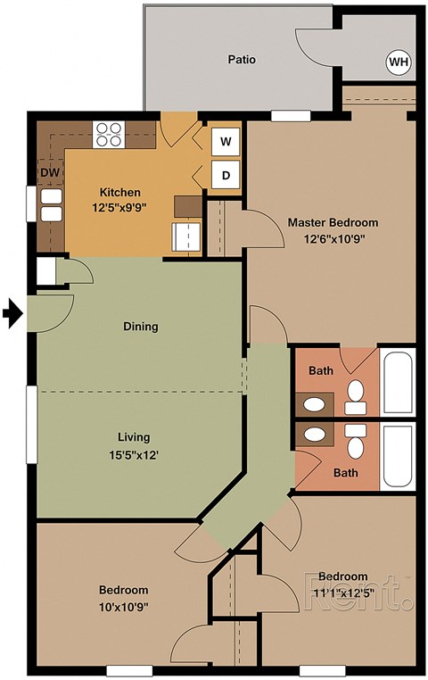A floor plan of a house with a kitchen, dining room, living room, two bedrooms, a bathroom, and a patio.