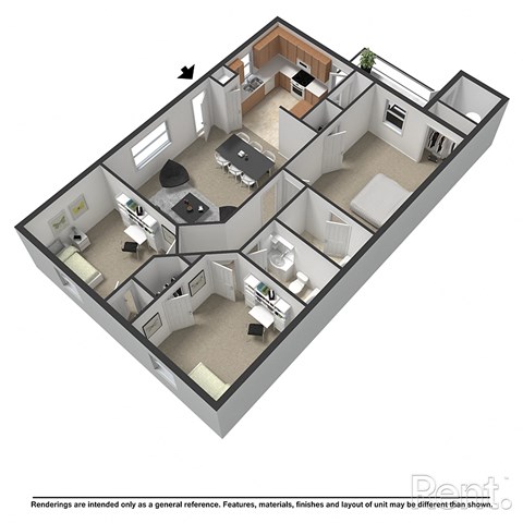 A 3D floor plan of a house with a kitchen, living room, dining room, and bedrooms.