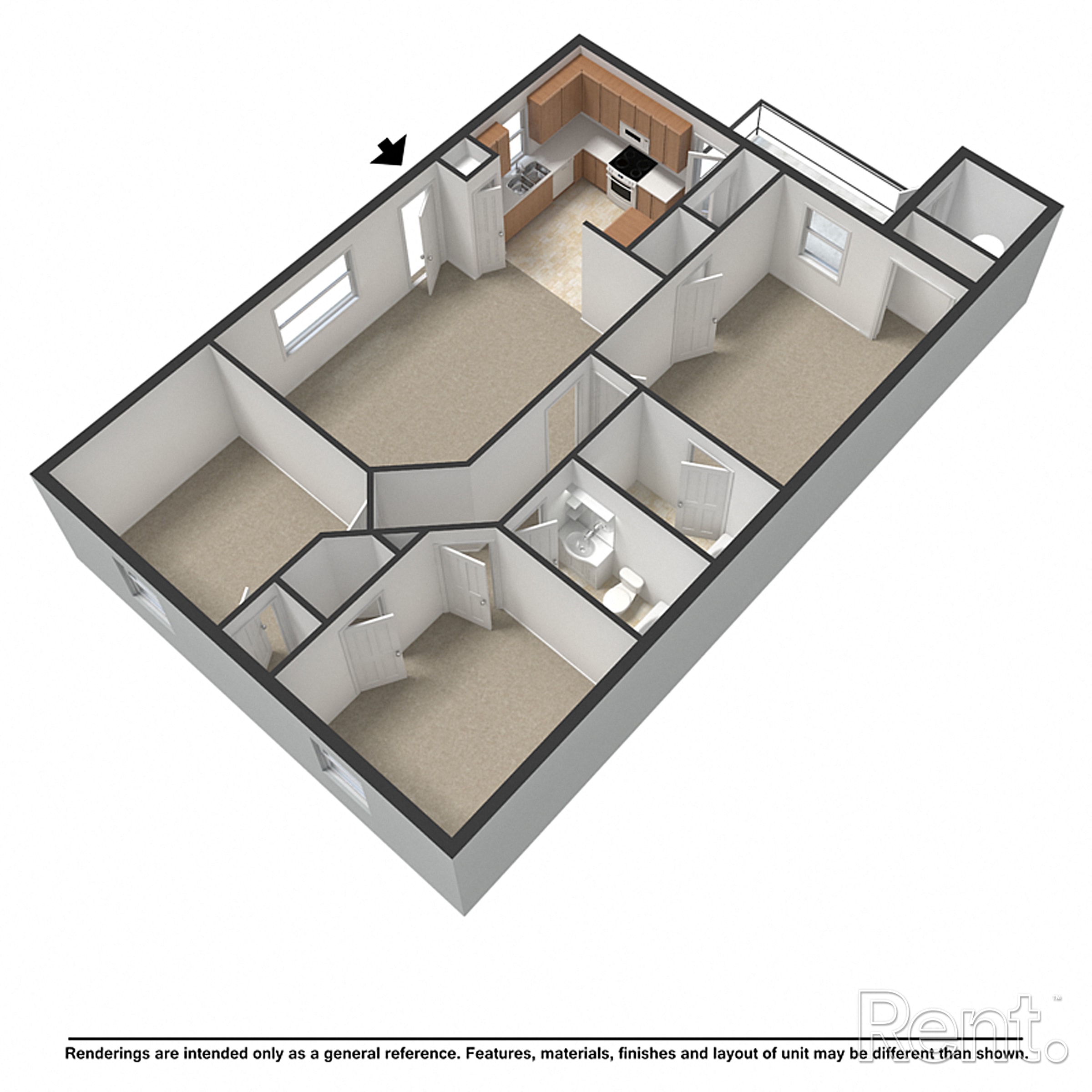 A 3D floor plan of a house with a kitchen, living room, and bedrooms.