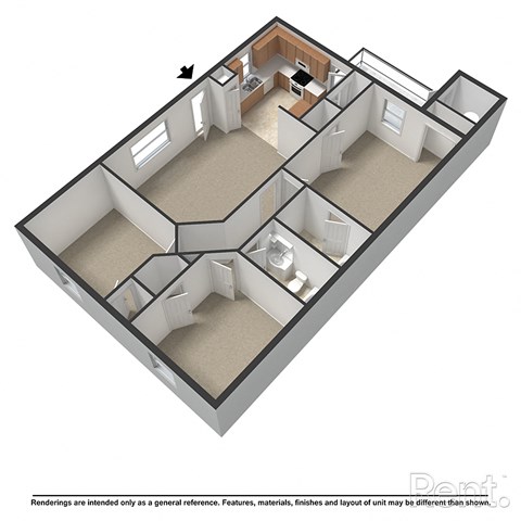 A 3D floor plan of a house with a kitchen, living room, and bedrooms.