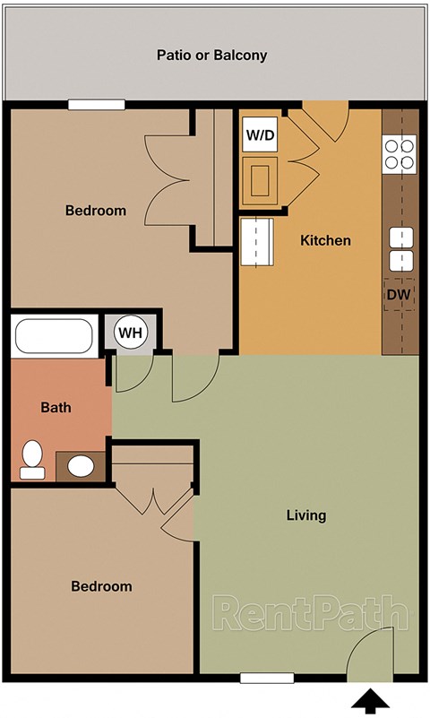 A floor plan of a living space with a kitchen, bathroom, and two bedrooms.