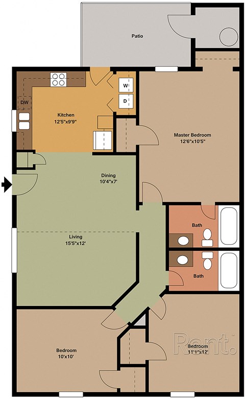 A floor plan of a house with a kitchen, living room, dining room, and two bedrooms.