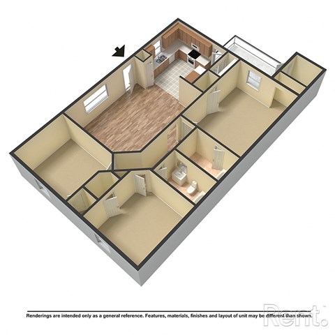 A 3D floor plan of an apartment with a kitchen, living room, and two bedrooms.