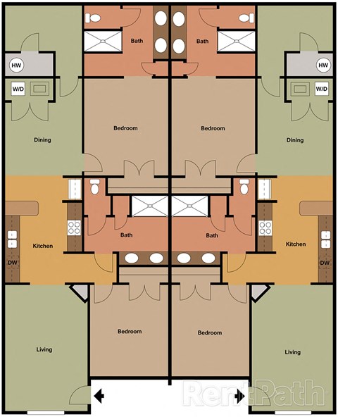 A floor plan of a house with two dining areas, two living areas, and four bedrooms.