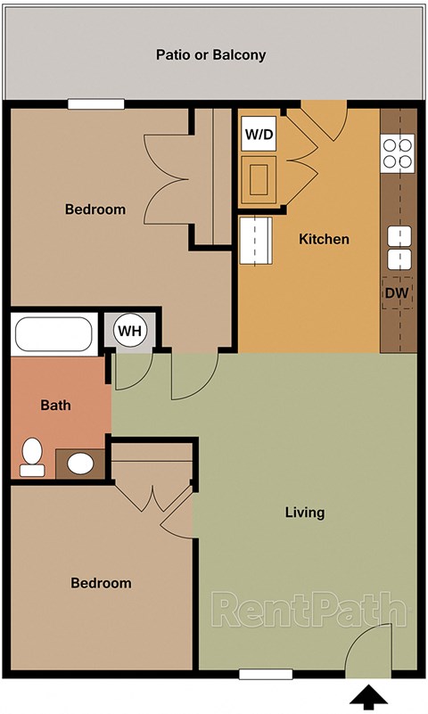 A floor plan of a living space with a kitchen, bathroom, and two bedrooms.