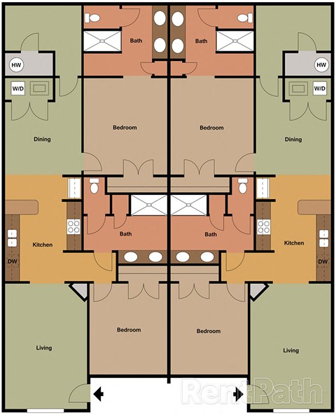 A floor plan of a house with two dining areas, two living areas, and four bedrooms.