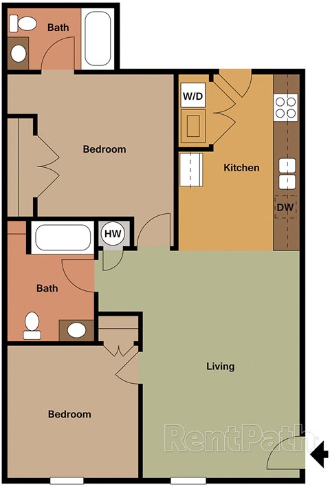A floor plan of an apartment with two bedrooms, a living room, a kitchen, and two bathrooms.