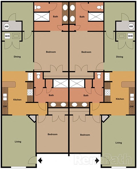 A floor plan of a house with two dining areas, two living areas, and four bedrooms.