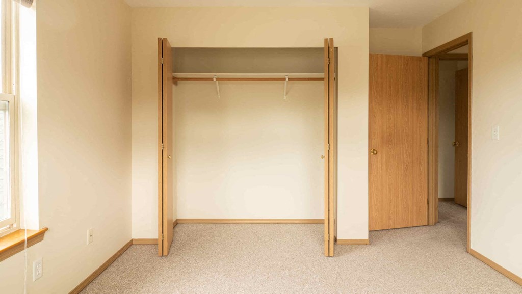 a bunk bed in a room with a closet