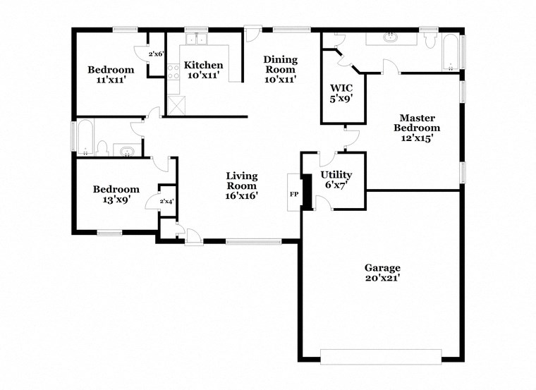 a floor plan of a house with two bedrooms and a living room and a kitchen