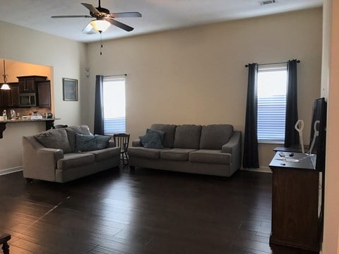 a living room with couches and a ceiling fan