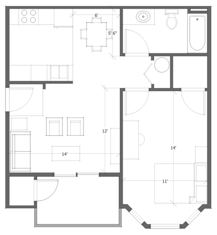 1 Bed 1 Bath Floor Plan 5
