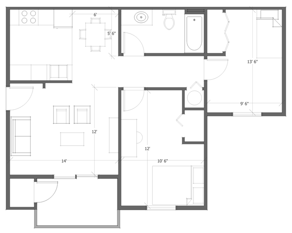 2 Bed 1 Bath Floor Plan 4