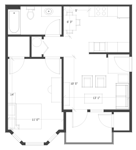 1 Bed 1 Bath Floor Plan 3