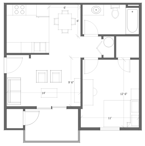 1 Bed 1 Bath Floor Plan 1