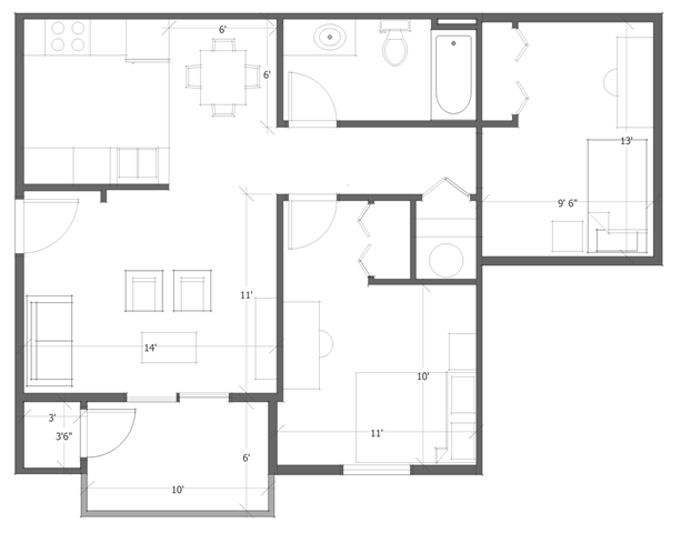 2 Bed 1 Bath Floor Plan 5