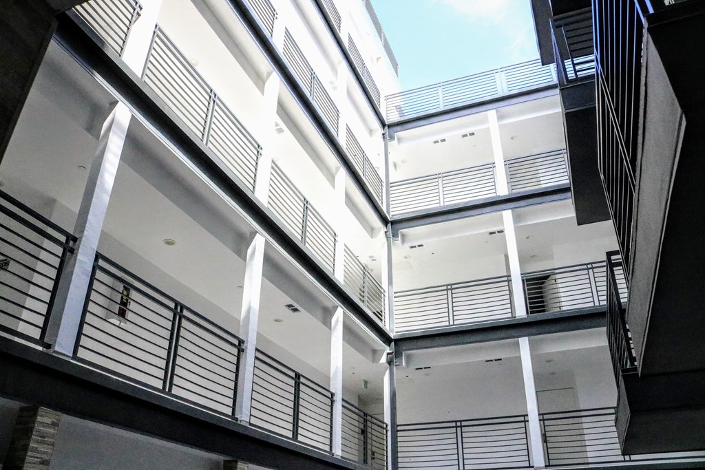 a view of the side of a building from below