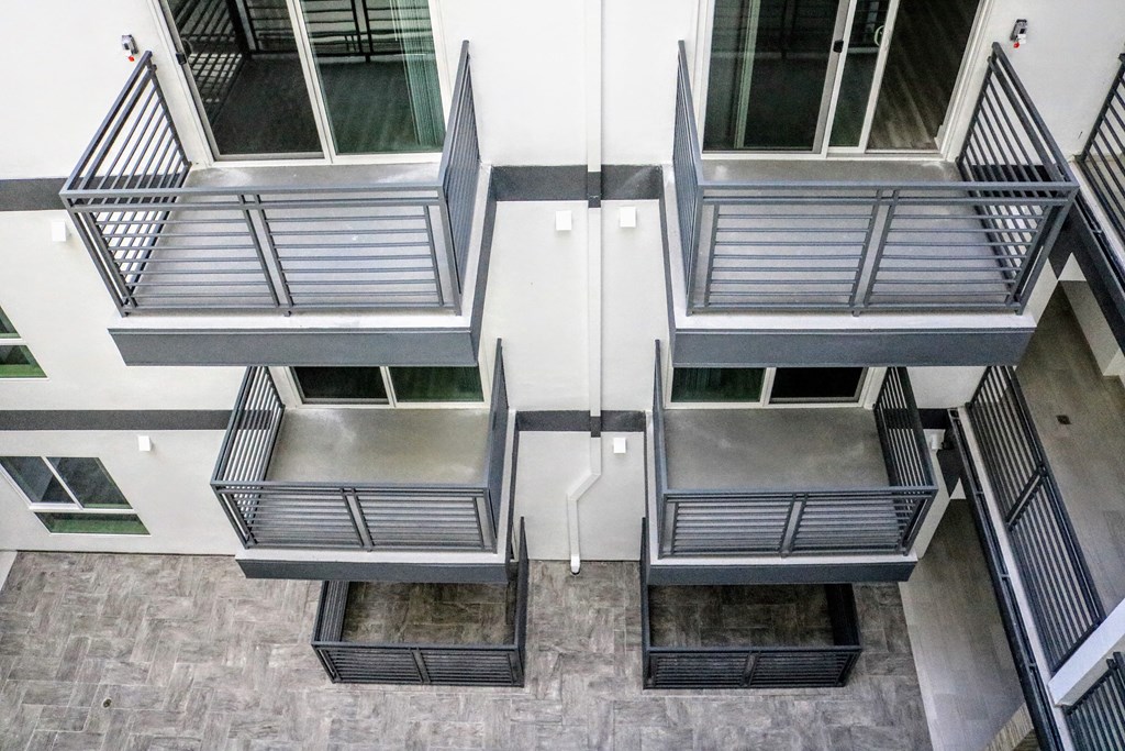 an aerial view of an office building with stairs and windows