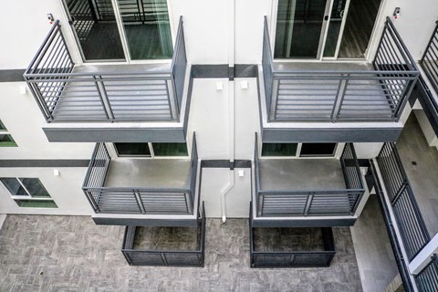 an aerial view of an office building with stairs and windows