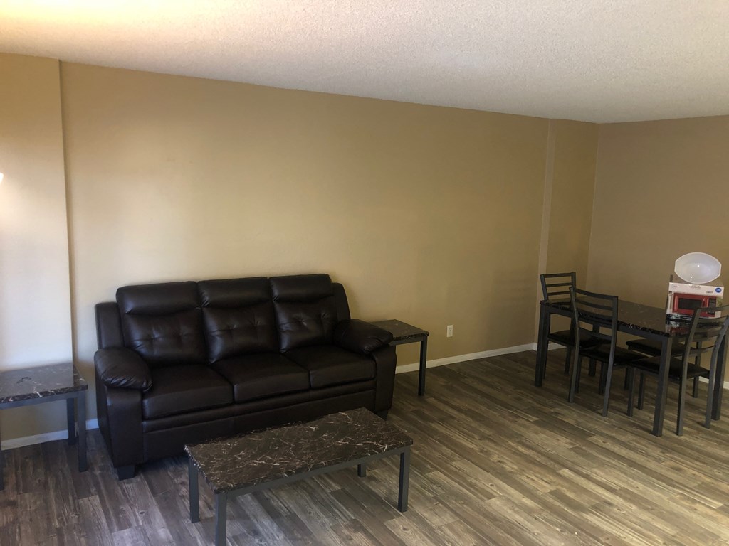 a living room with a couch and a dining room table