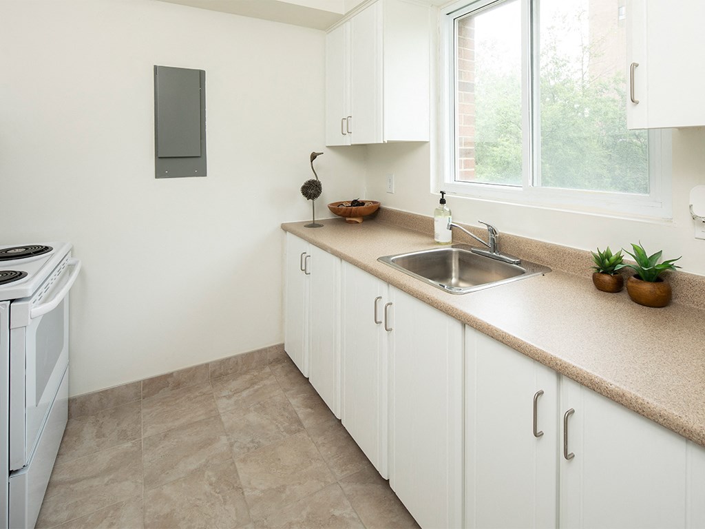 a kitchen with white cabinets and a sink and a window
