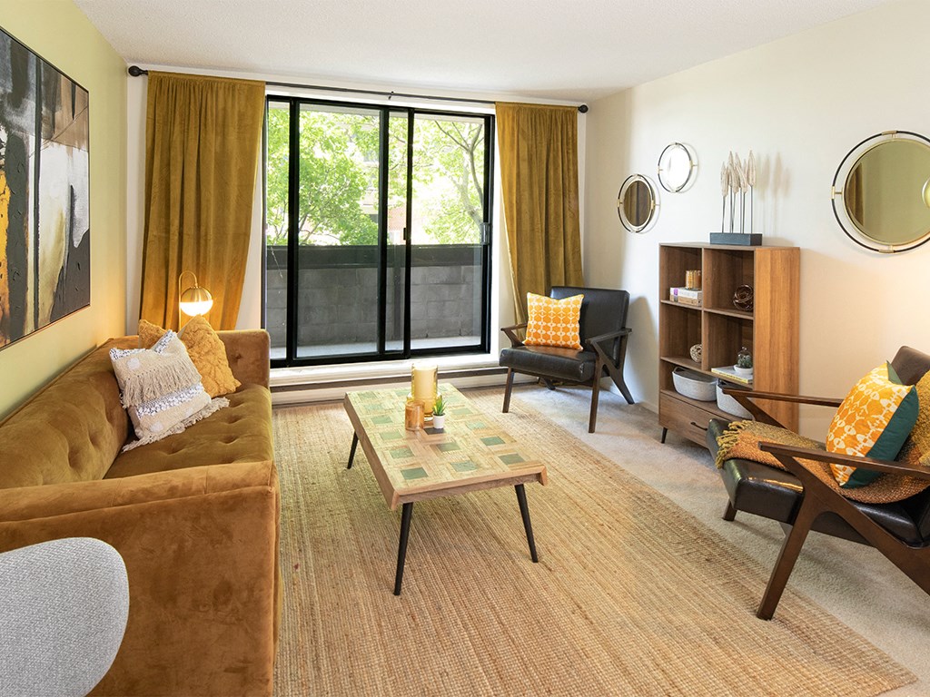 a living room with a couch and a table