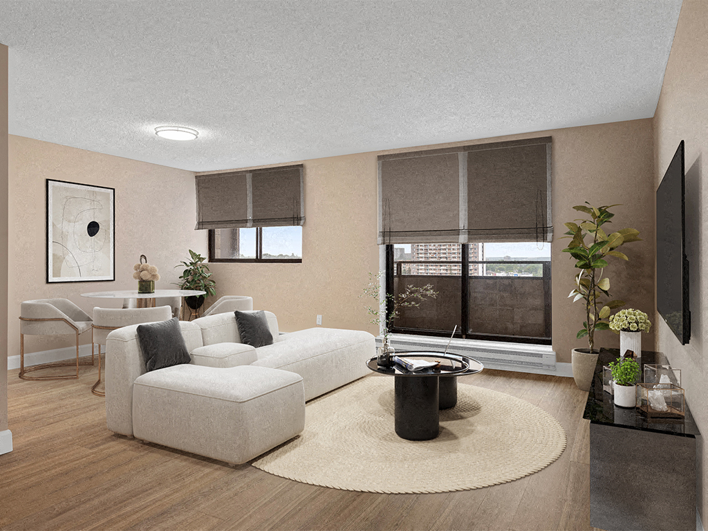 a living room with a white couch and a table