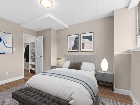 a bedroom with a bed and a closet