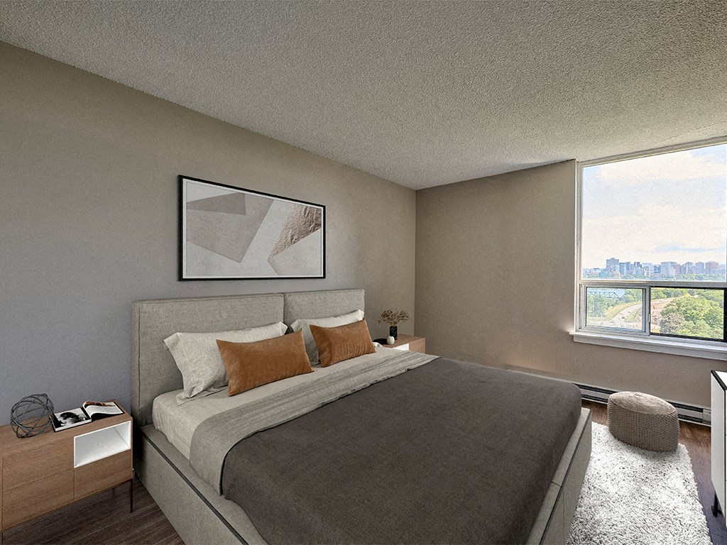 a bedroom with a bed and a window