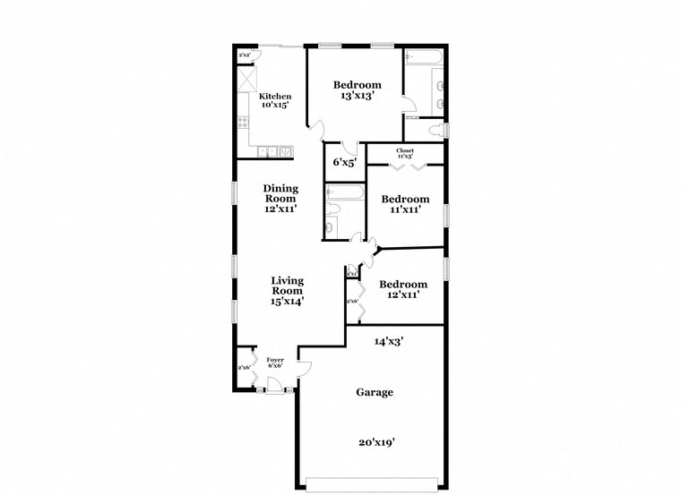 a floor plan of a home with a mix of bedrooms and baths and a garage