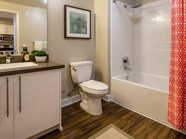 a bathroom with a toilet and a tub and a sink