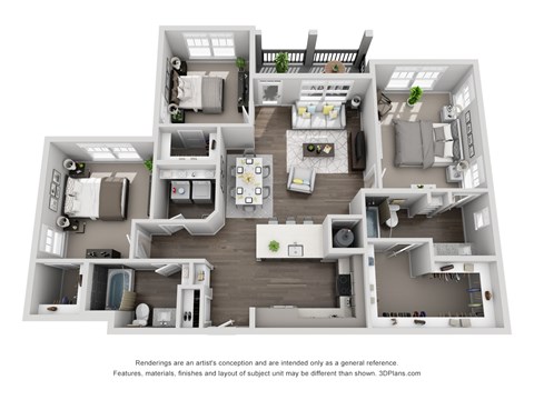 D1 3 Bed 2 Bath Floor Plan at Central Island Square, South Carolina