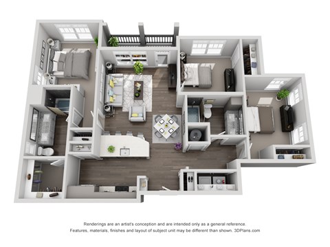 D2 3 Bed 2 Bath Floor Plan at Central Island Square, South Carolina, 29492