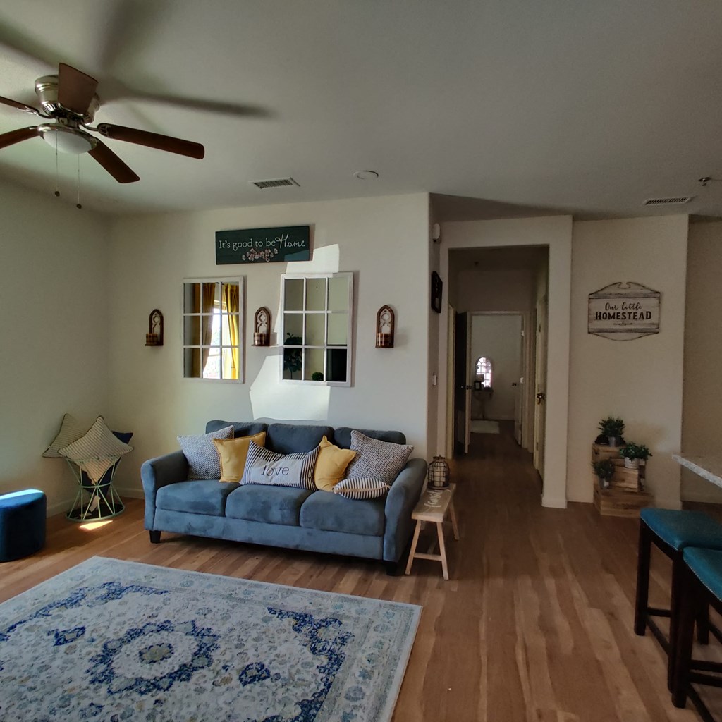 a living room with a blue couch and a blue rug